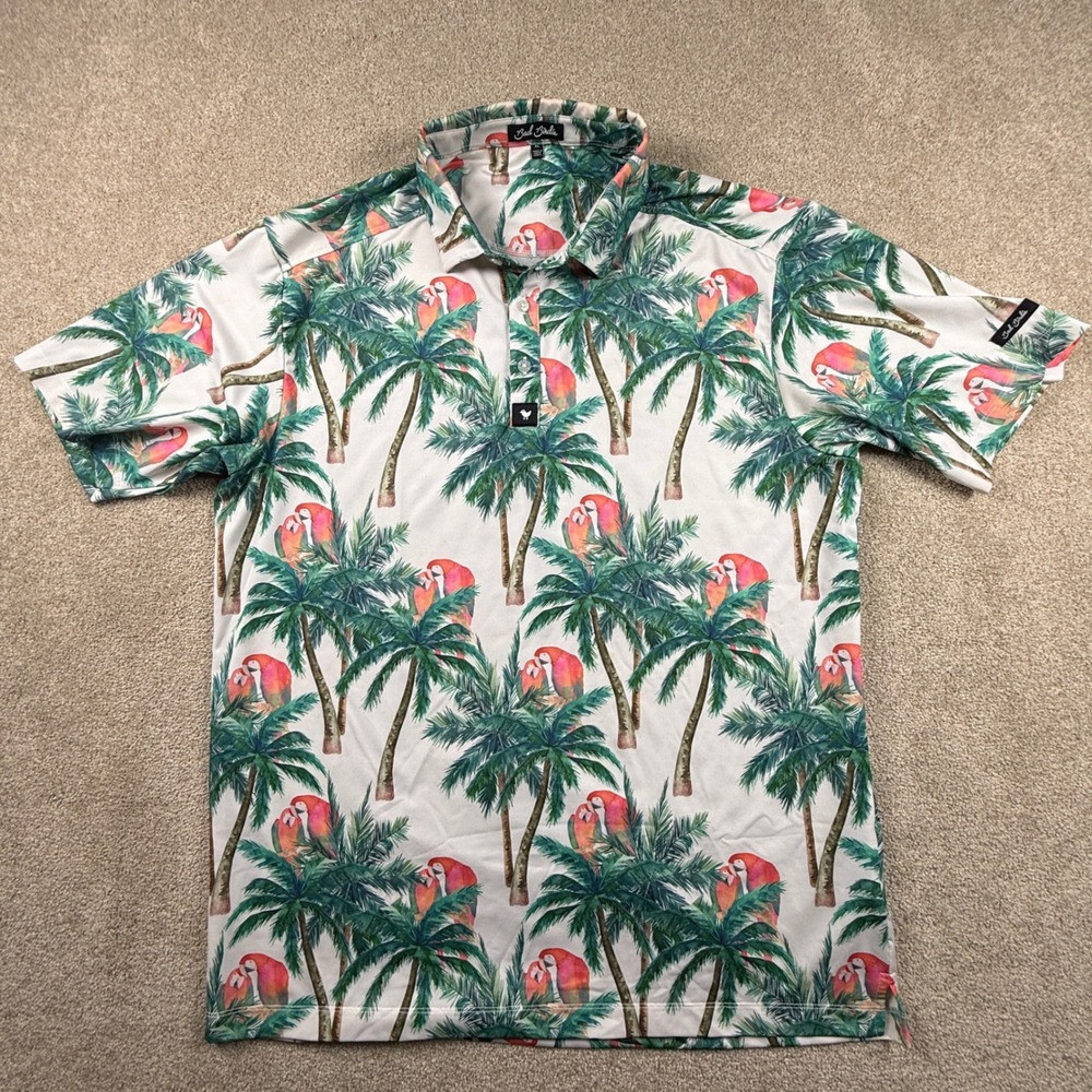 Bad Birdie Mens XL Golf Polo Shirt‎ Tropical Parrot Palm Tree Print White Green